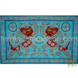 Dessus de table bleu brodé en coton - Tenture indienne murale 120x80cm