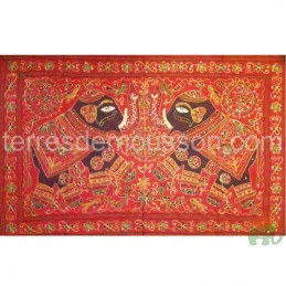 Dessus de table rouge brodé en coton - Tenture indienne murale 120x80cm