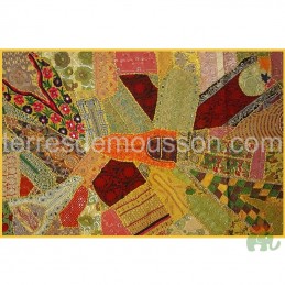 Tenture patchwork indienne artisanale, coloris jaune, fait main, 150x100cm