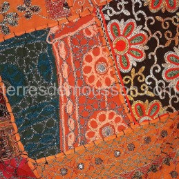 Tenture murale indienne patchwork orange fait main 150x100cm